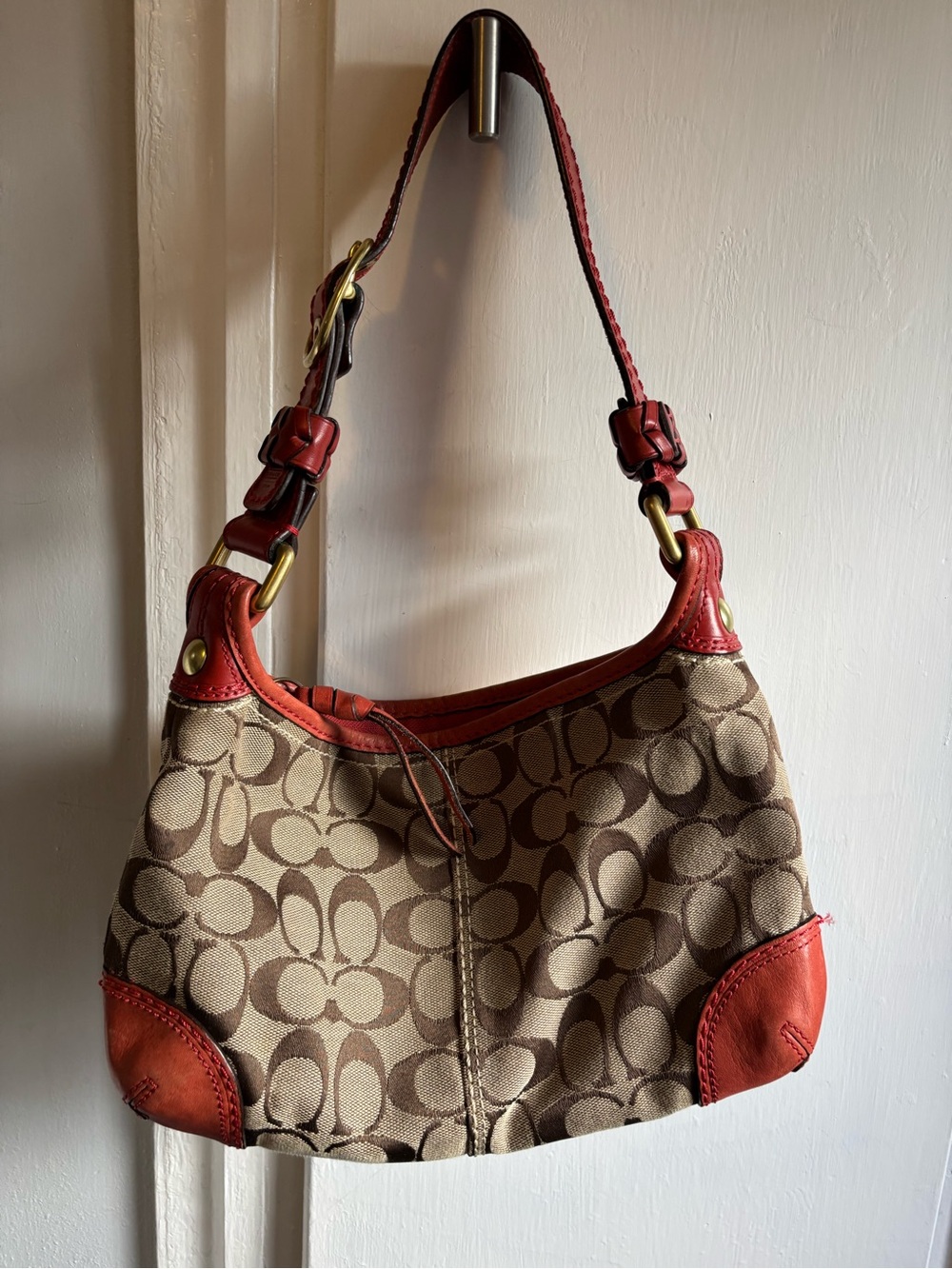 Coach Beige Signature Canvas Shoulder Bag with Red Leather Trim